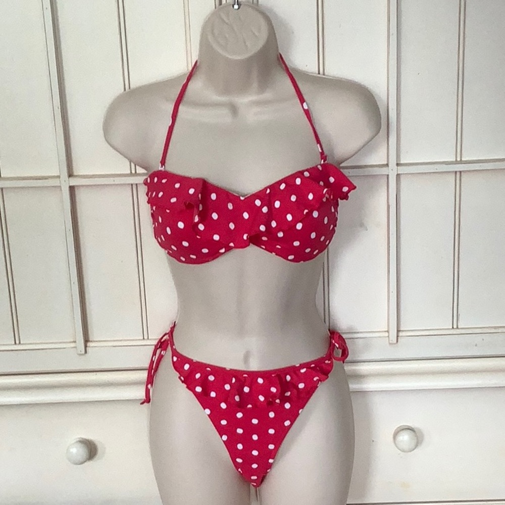 NWTs Seafolly Pink and White PolkaDot Ruffle Bikini Size 8